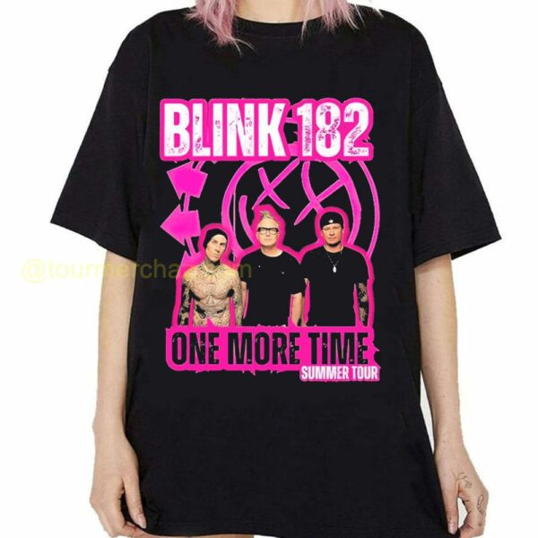 Blink 182 One More Time Summer Tour Graphic Tee Blink 182 Pink Smiley Logo on Black Merch 1