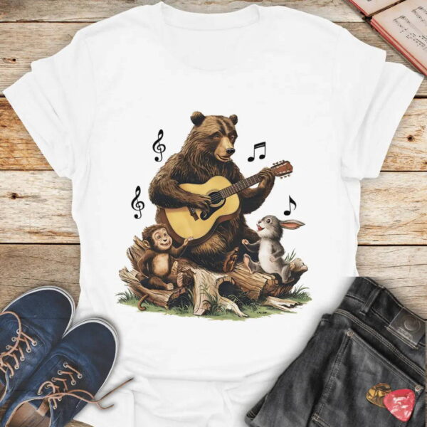 Bear Playing Guitar with Monkey and Rabbit Whimsical Animal Art T Shirt