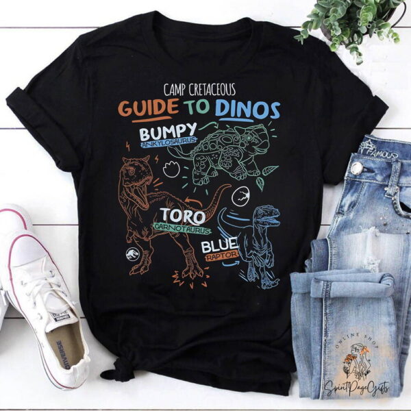 Camp Cretaceous Guide to Dinos T Shirt with Bumpy, Toro, and Blue Dinosaur Art