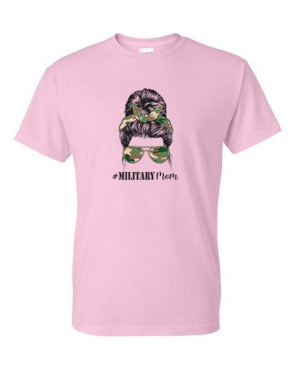 Military Mom Graphic Tee with Camo Sunglasses and Stylish Bun Design