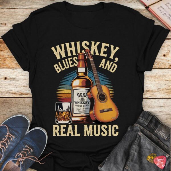 Whiskey Blues and Real Music Vintage T Shirt with Guitar and Glass Design