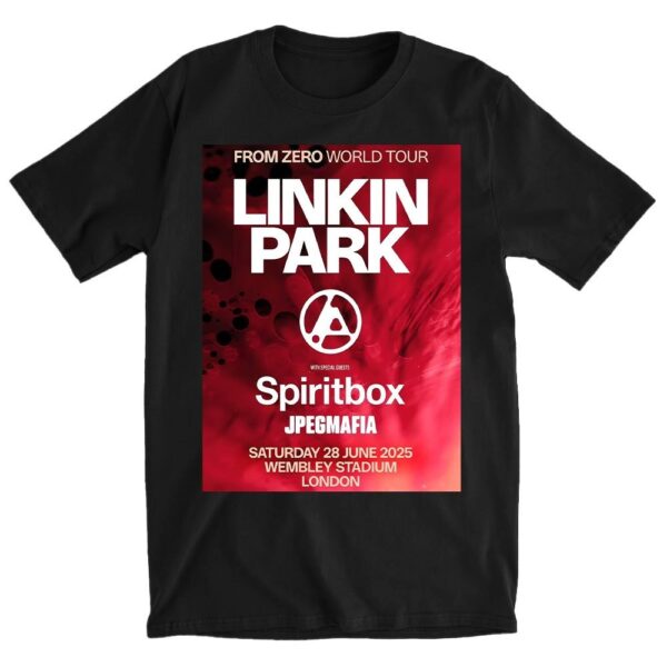 Linkin Park From Zero World Tour 2025 London T Shirt with Bold Graphic Art and Event Details